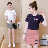 夏季新款韩版女装短袖纯色T恤高腰条纹A字包臀半身短裙两件套装女
