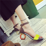 2016夏季新款韩版潮一字扣带中跟粗跟露趾性感高跟鞋女罗马凉鞋子