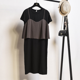 2016夏季韩国拼接吊带假两件短袖宽松连衣裙 长款短袖T恤打底衫女