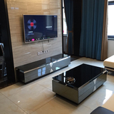 简约现代钢化玻璃电视柜茶几组合 客厅小户型黑色电视机柜地柜
