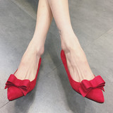 韩版潮流时尚女鞋绒面红色婚鞋蝴蝶结尖头浅口鞋小低跟女单鞋大码