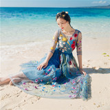 泰国潮牌重工花朵刺绣五分袖透视网纱连衣裙大摆度假沙滩仙女裙子