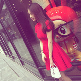 夏季明星同款韩版修身短袖公主裙红色针织连衣裙小黑裙短裙女夏