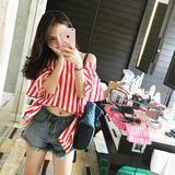 【李雨薇】夏装新款韩版一字领性感露肩红色竖条纹短袖衬衫连衣裙