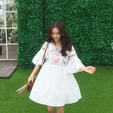 【李雨薇】夏季白色韩版民族风重工刺绣纯棉喇叭袖娃娃衫连衣裙女