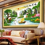 纯手工十字绣成品迎客松帆船财运版福禄版2米2.5米客厅大幅挂画图