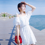 2016夏装女新款韩版性感一字领露肩白色蕾丝连衣裙短裙公主礼服裙
