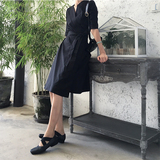 TAIYANG独家自制 夏季新款轻复古纯黑色连衣裙V领百搭中长款裙子