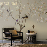 现代中式手绘工笔花鸟墙纸 卧室客厅沙发床头电视背景墙壁纸壁画