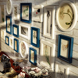欧式照片墙实木相框挂墙组合蓝白大相片墙创意家居装饰沙发背景墙