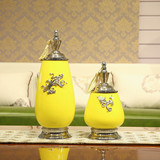 现代新中式客厅电视柜玄关摆件样板房黄色陶瓷罐摆设家居软装饰品