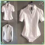 春夏韩版女士短袖衬衫职业装工作服白商务衫时尚长袖连体衬衣V领