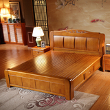 中式全实木床橡木床 白色双人床 1.8米婚床 高箱床储物床雕花家具