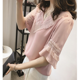 2016夏季新款韩版V领镂空宽松套头荷叶边袖雪纺衫上衣 短袖t恤女