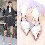 2016新款韩国小高跟女鞋罗马单跟细跟尖嘴白色单根银色春夏季凉鞋