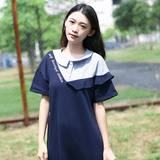 2016夏装新款韩版女装原创设计蓝白条纹拼接娃娃领连衣裙
