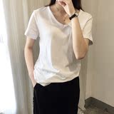 韩版全棉经典纯色V领女式口袋短袖T恤女中长款宽松学生白色新款夏