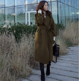 韩版高端双面羊绒大衣超长款大码女装系带连帽毛呢子外套过膝风衣