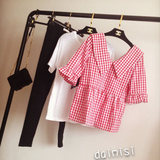 2016新款韩版收腰修身喇叭袖娃娃衫格子甜美裙摆女装上衣女衬衫