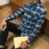2016春装男磨毛格子款长袖衬衫韩版纯棉polo衫宽松青年衬衣潮