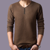 2015秋冬款男士长袖T恤针织衫韩版男装V领加绒加厚纯色大码打底衫