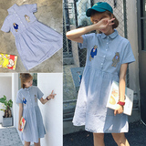2016夏季新款韩版女装可爱卡通刺绣条纹polo领短袖连衣裙中裙子女