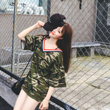 韩版2016夏季女装韩范复古学院风迷彩中长款V领宽松短袖T恤上衣潮