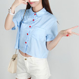 夏季女装韩版软妹清新可爱爱心休闲宽松短款衬衫学生短袖衬衣上衣