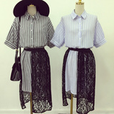 韩版条纹单排扣宽松短袖连衣裙+勾花蕾丝半身裙两件套套装女夏潮