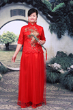 中式新娘大码礼服2016新夏季大码结婚敬酒服红色中袖旗袍长款胖mm