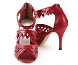 圣芭莎女式拉丁舞鞋红色真牛皮舞蹈鞋成人高跟跳舞鞋英特高9.8cm