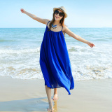 欧美海边度假必备宝蓝挂脖吊带长裙性感露背沙滩裙女 大码连衣裙