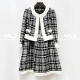 ML2 金典款 优雅小香风短外套  黑白格粗花呢修身连衣裙套装