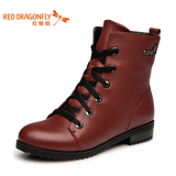 红蜻蜓女靴子 冬季新款时尚真皮牛皮平跟系带短靴马丁靴 33331