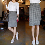 2016夏装新款女式韩版黑白小格子包臀裙半身裙包裙显瘦开叉一步裙