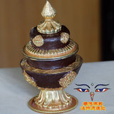 藏传佛教密宗用品 供品 尼泊尔紫铜鎏金八吉祥图案米壶 米盒 包邮