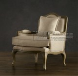 欧美式老虎椅实木雕刻布艺沙发 美式乡村风格 做旧单人沙发定做