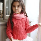 韩国童装春装新款女童套头毛衣麻花纹纯色圆领儿童针织衫外穿