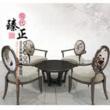 新中式现代简约圆圈椅子 布艺花鸟印花 西餐厅餐桌椅复古别墅家具