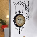 欧式铁艺双面挂钟吊钟创意田园挂表现代客厅壁钟卧室时钟表挂墙表