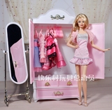 芭比家具 粉红梦幻芭比娃娃衣柜配试衣镜 送10个衣架1件芭比时装