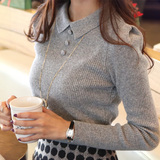 2016韩版秋冬季新品女款套头针织衫毛衣打底衫长袖翻领泡泡肩