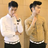 2016春季英伦男士长袖加绒衬衫男士休闲韩版修身款白色男装衬衣潮