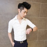 韩版男士五分袖衬衫修身型男短袖衬衣潮男发型师时尚白色寸衫 夏