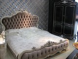 新古典床组 欧式床布艺床 双人新婚床 金箔银箔实木雕花 拉钻扣床