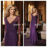 紫色V领七分袖新娘妈妈婚宴晚装长款 2016新款女士大码礼服连衣裙