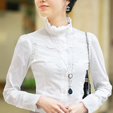 2016秋季韩版职业装白衬衫女长袖立领蕾丝打底衫修身纯棉高领衬衣
