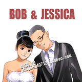 定做彩色2人婚礼手绘漫画像 设计结婚迎宾牌展架 浪漫情侣卡通图