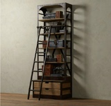 LOFT美式乡村工业复古风格展示架 做架 铁艺实木带梯两抽作旧书柜