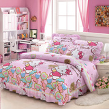 KT卡通猫粉色纯棉家纺床上用品四件套 全棉韩版花边夹棉加厚床裙
